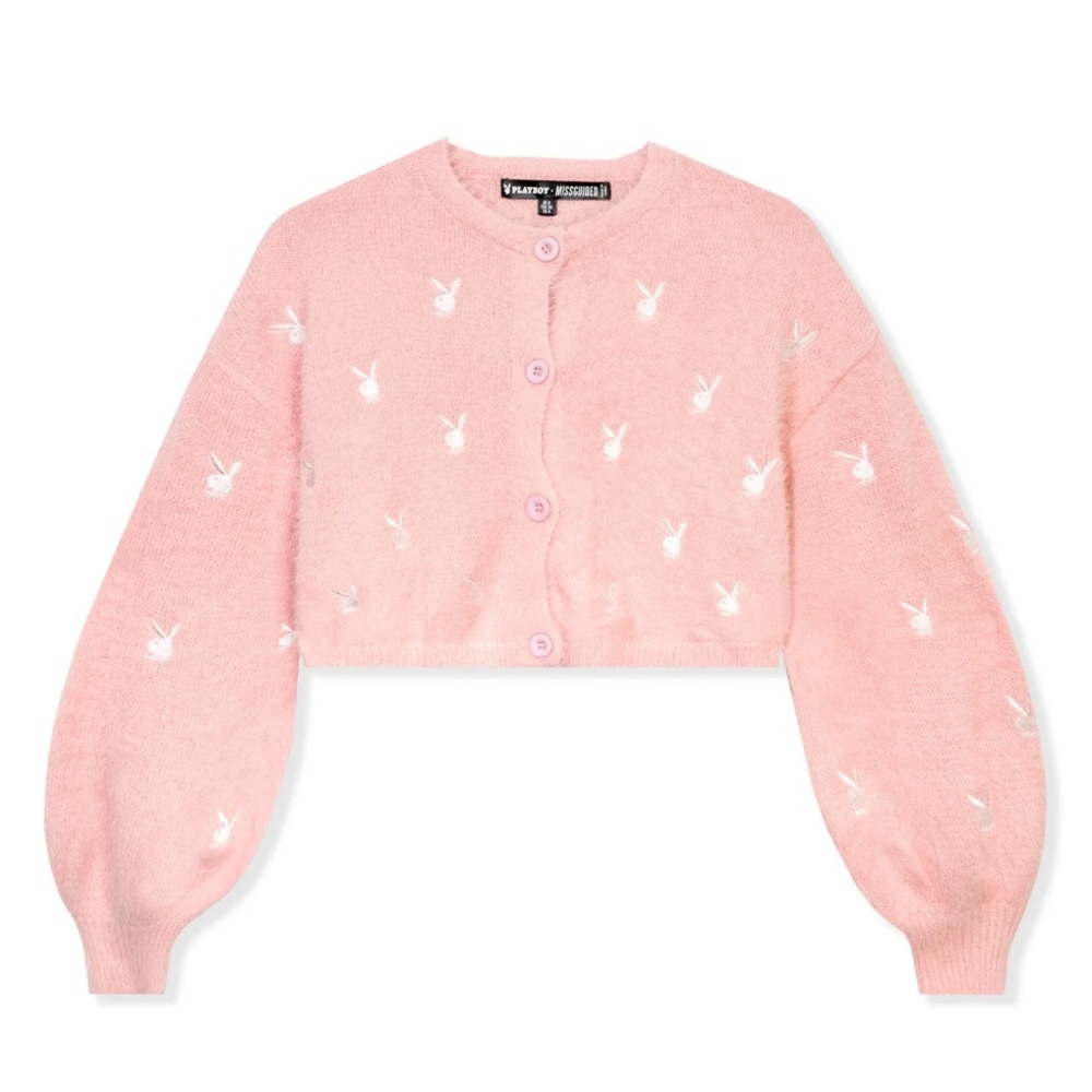 A fluffy knit cardigan with a button front and all over Playboy Bunny embroidery